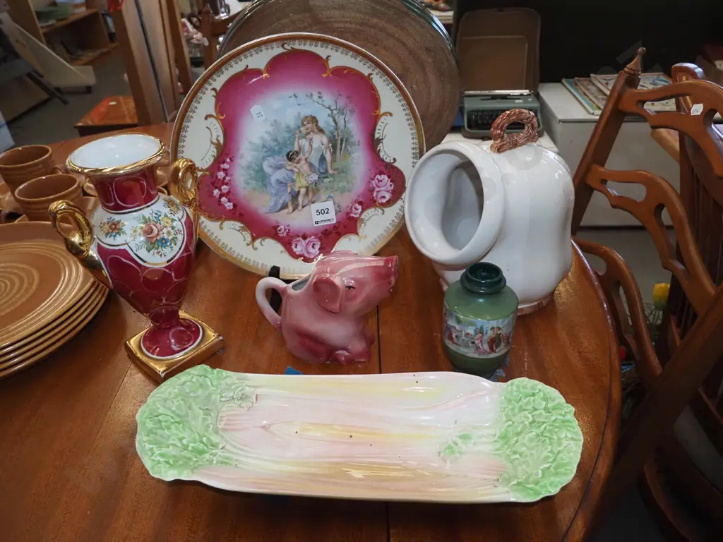 romance scene wall hanging plate, vase, large salt pig etc Image 1++