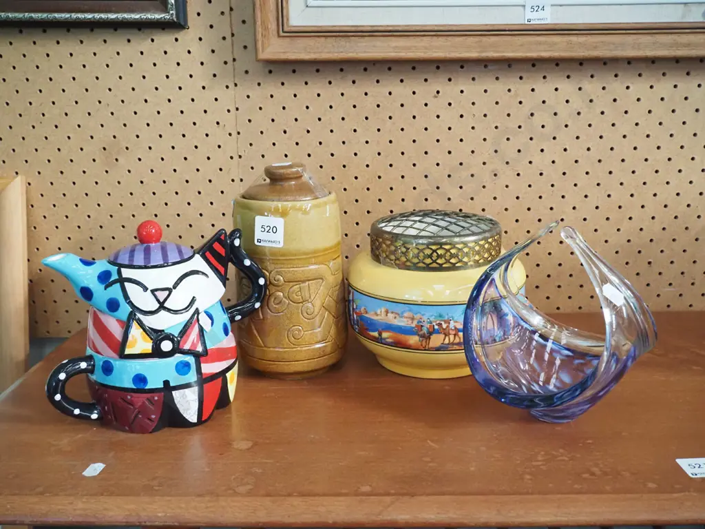 cat themed tea for one, studio glass basket, rose bowl, lidded tea canister Image 1++