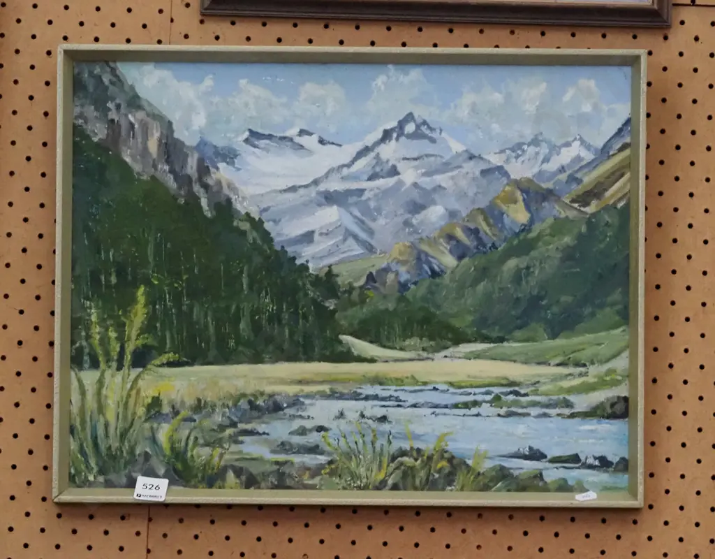 framed oil - river and mountain scene Image 1++