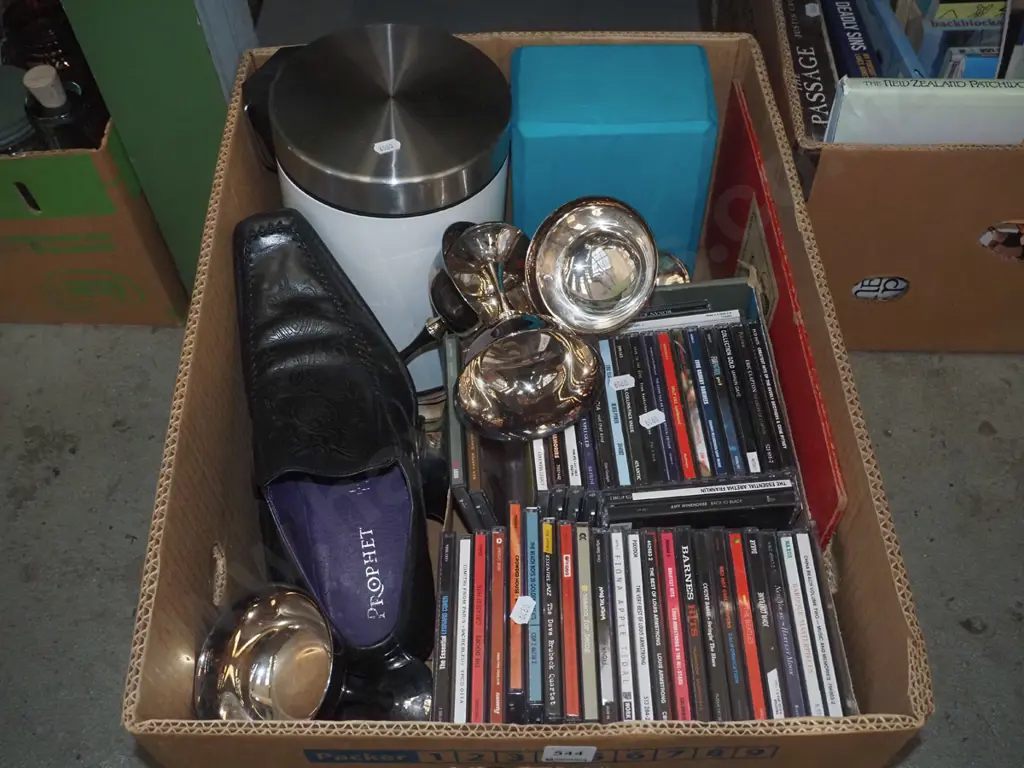 box; plated goblets, gents shoes, foam block, CDs etc Image 1++