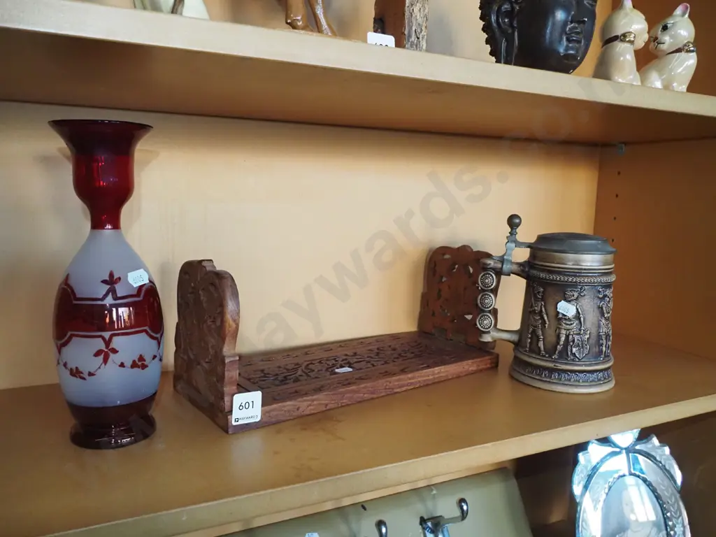 ruby glass vase, beer stein, carved wooden  bookcase Image 1++