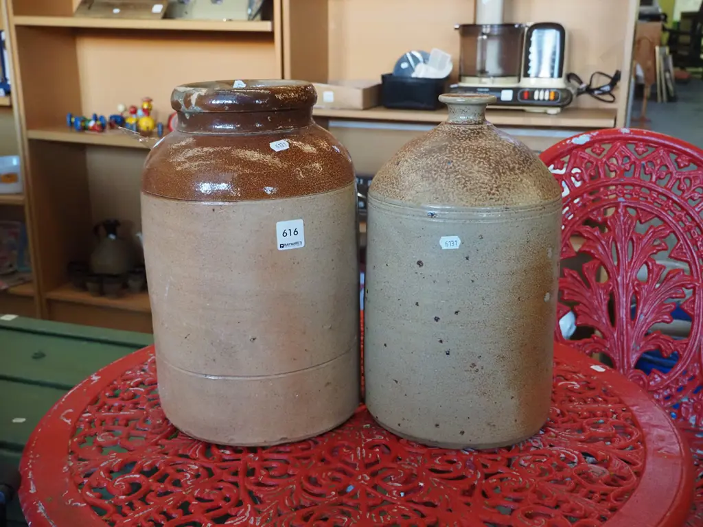 salt glazed bottle, stoneware storage crock Image 1++