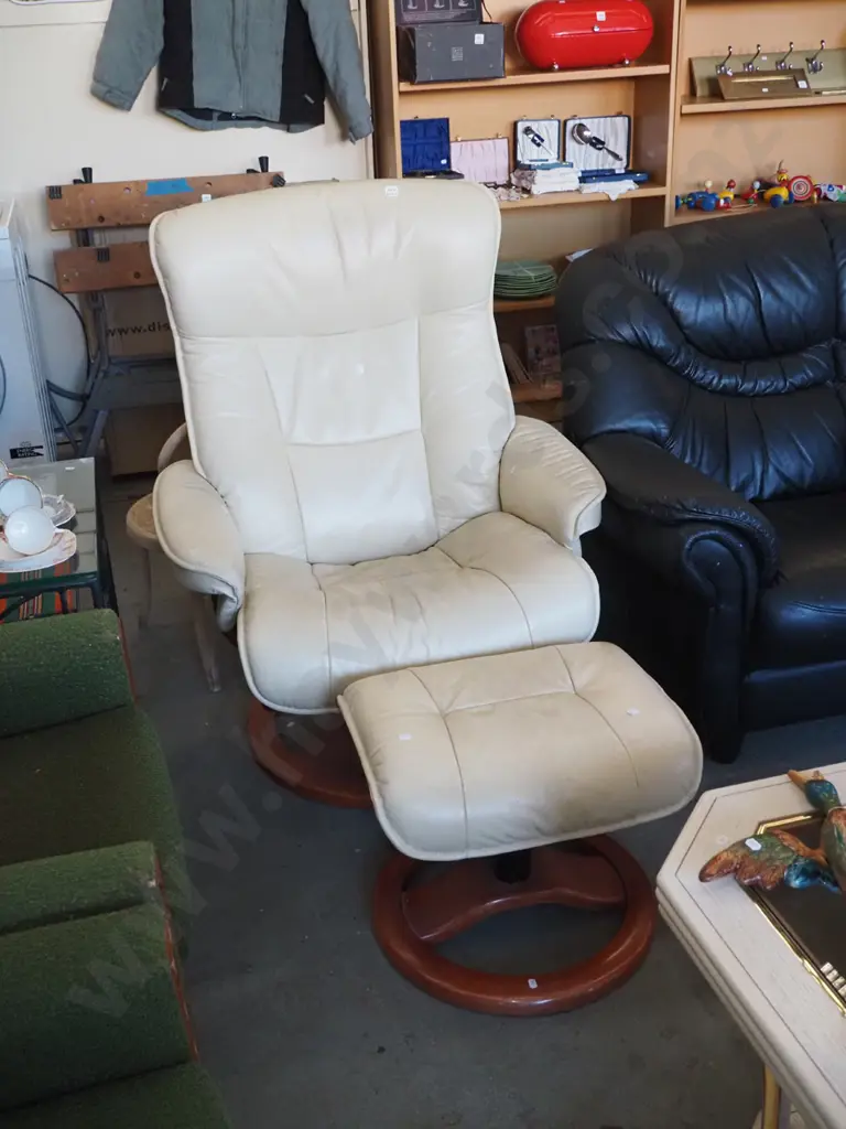 cream leather upholstered rocker reclining chair with footstool - leather needs a clean Image 1++