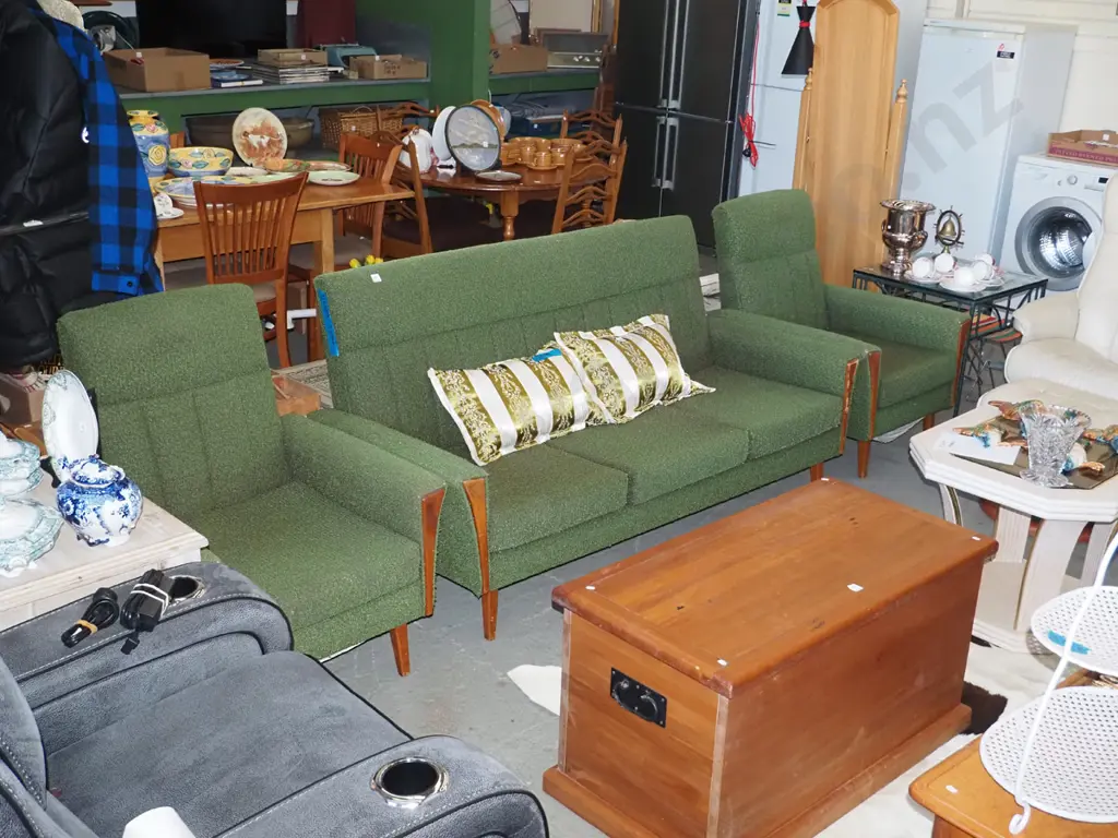 mid-century green 3-piece lounge suite - 3 seater, 2 singles - some wear to fabric and wood Image 1++