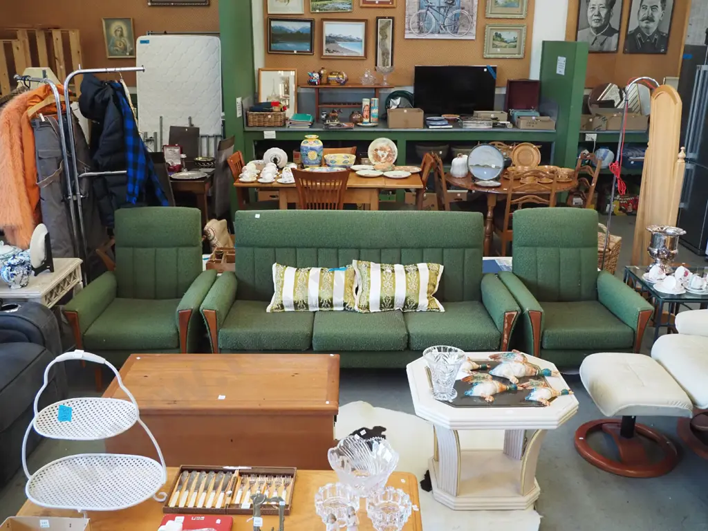 mid-century green 3-piece lounge suite - 3 seater, 2 singles - some wear to fabric and wood Image 1++