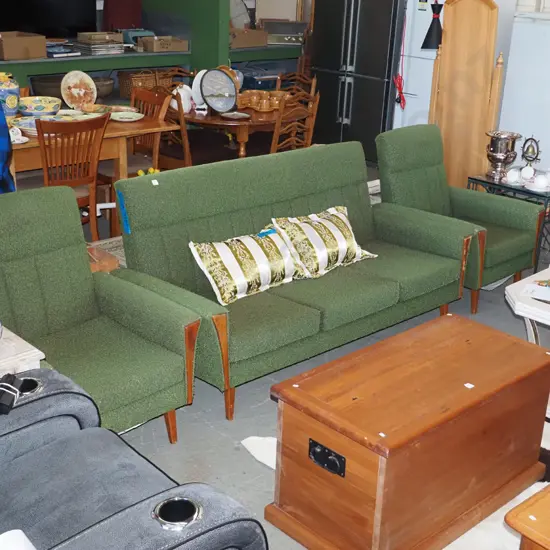 mid-century green 3-piece lounge suite - 3 seater, 2 singles - some wear to fabric and wood