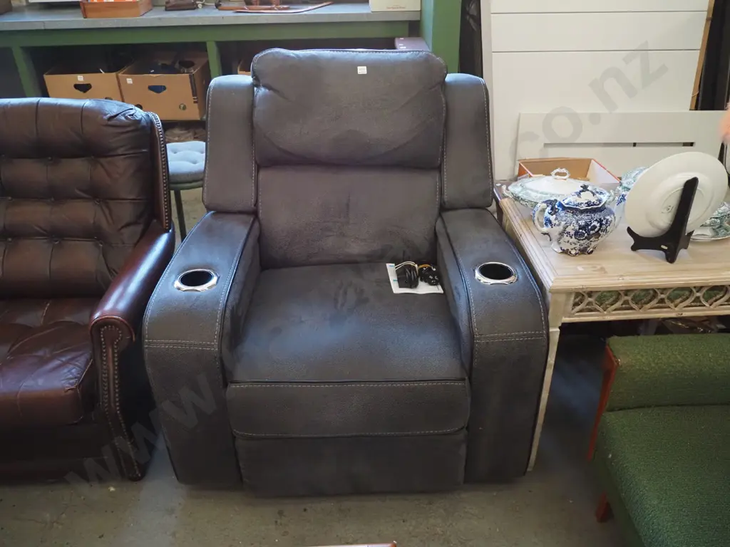 grey upholstered electric armchair with drinks holders and usb port Image 1++