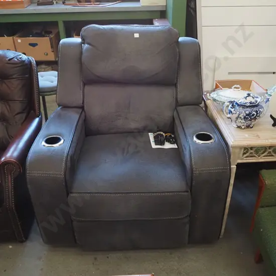 grey upholstered electric armchair with drinks holders and usb port