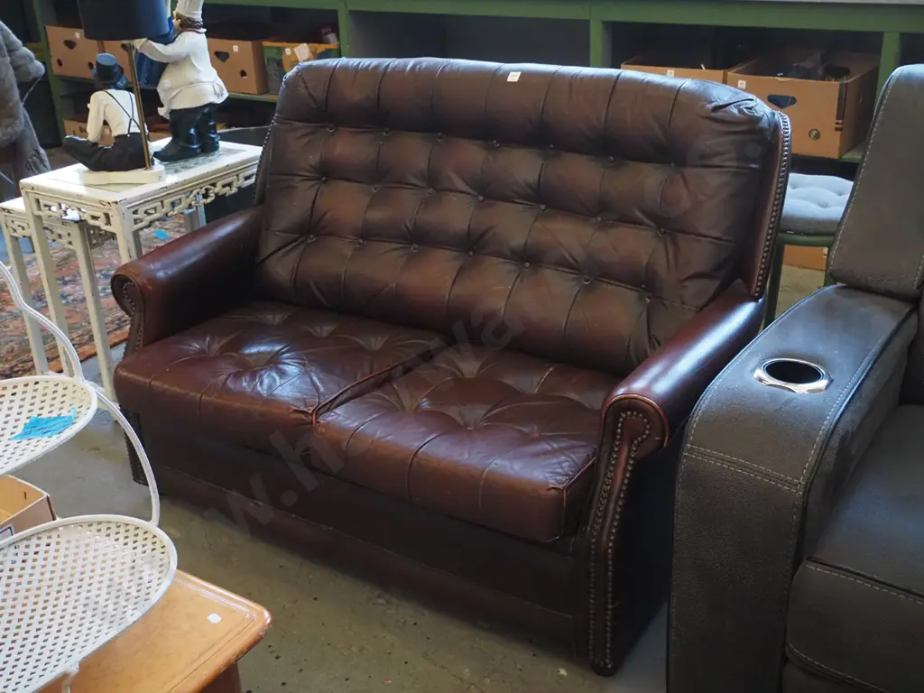 brown deep-button leather 2 seater settee Image 1++