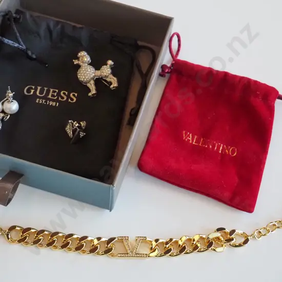 golden bracelet, charms, earrings