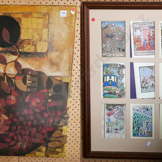 framed print on board and framed Middle Eastern postcards - need attention - red dots