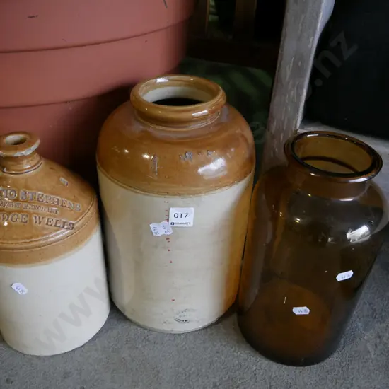 2x stoneware crocks and amber glass crock