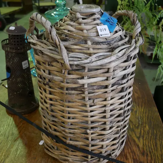 salt glazed crock in wicker carry basket