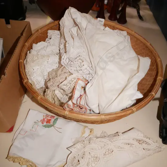 cane basket, hand worked linen etc