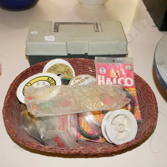 cane basket, fishing line, tackle box