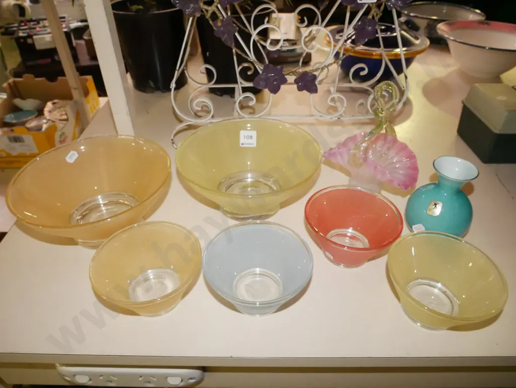 coloured glass bowls, basket, teal vase Image 1++