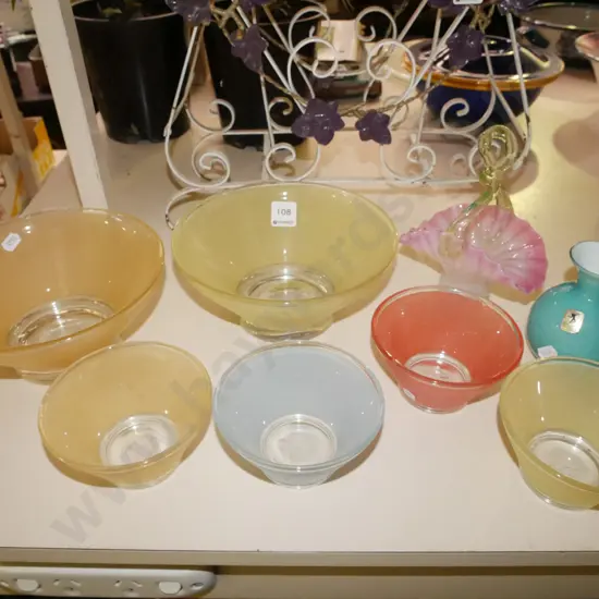 coloured glass bowls, basket, teal vase