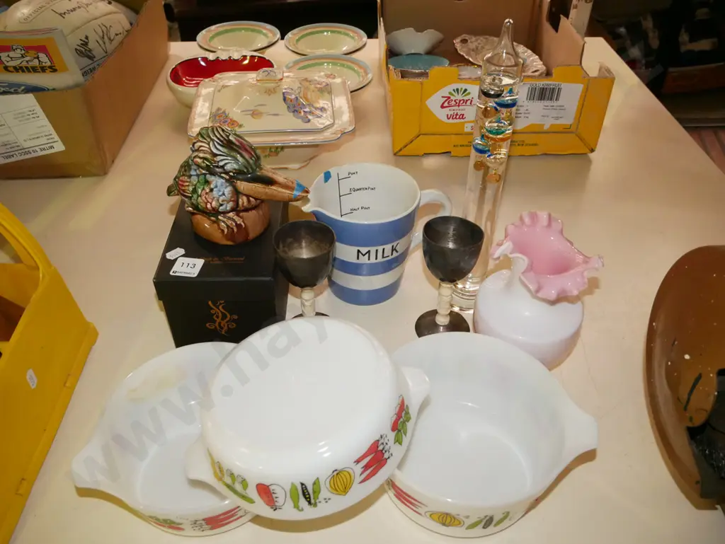 3x retro glass baking dish, Galileo thermometer, kookabura ornament - chip etc Image 1++