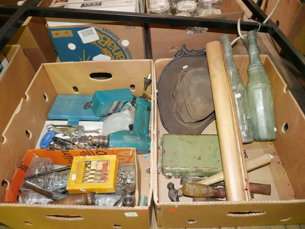 2x boxes; spanners, drill, stockmans hat etc - red dots Image 1++