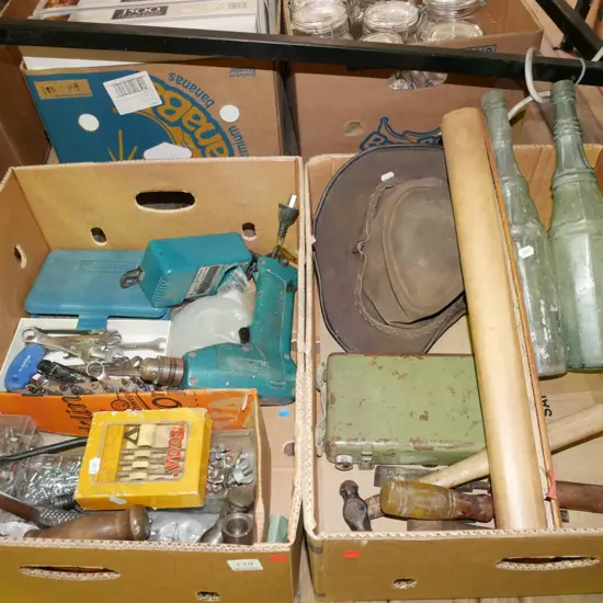 2x boxes; spanners, drill, stockmans hat etc - red dots