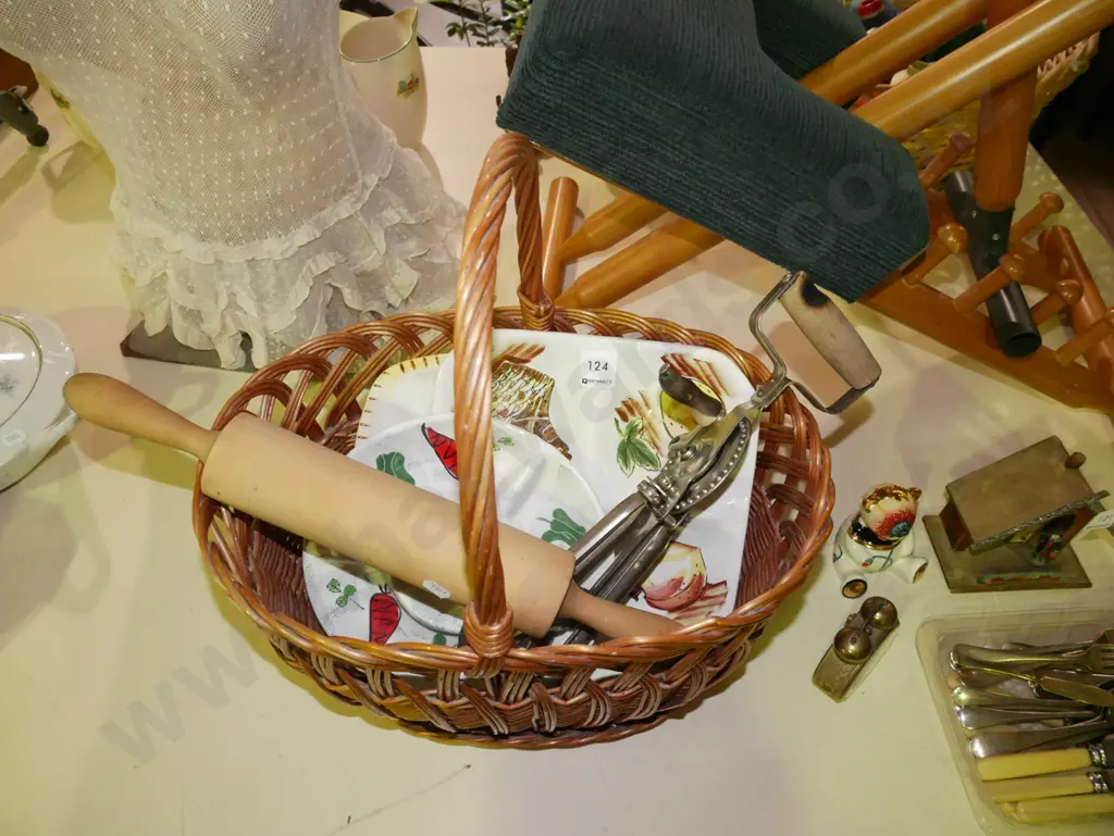 cane basket, serving dishes, egg beater, rolling pin Image 1++