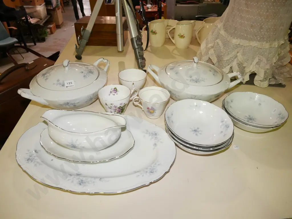 white and blue floral lidded veges, bowls, ashets etc Image 1++