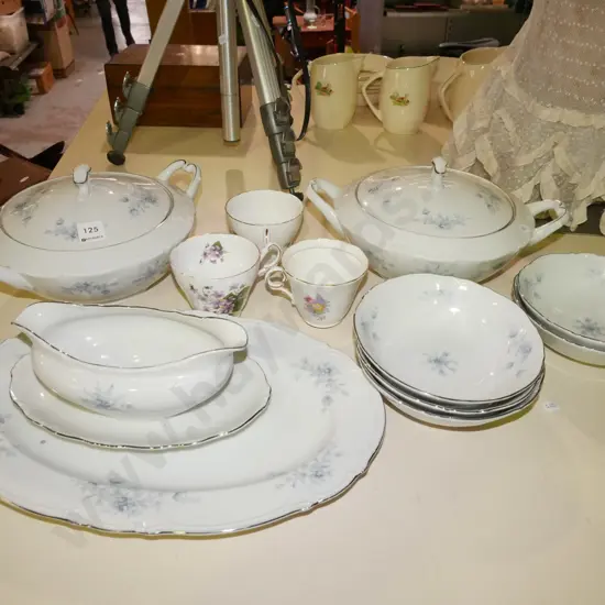 white and blue floral lidded veges, bowls, ashets etc