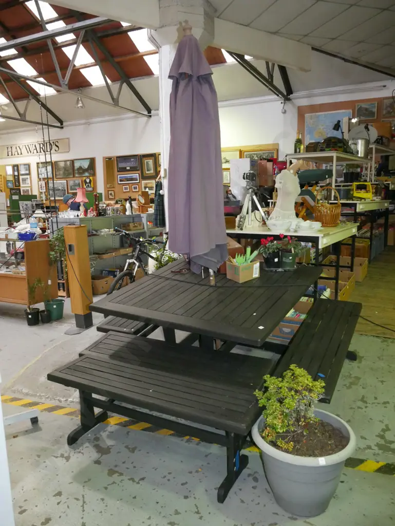 dark stained outdoor table with 4 matching benches and sun umbrella H-740 W-1300 D-1300 Image 1++