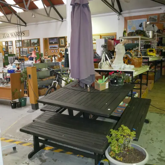 dark stained outdoor table with 4 matching benches and sun umbrella H-740 W-1300 D-1300