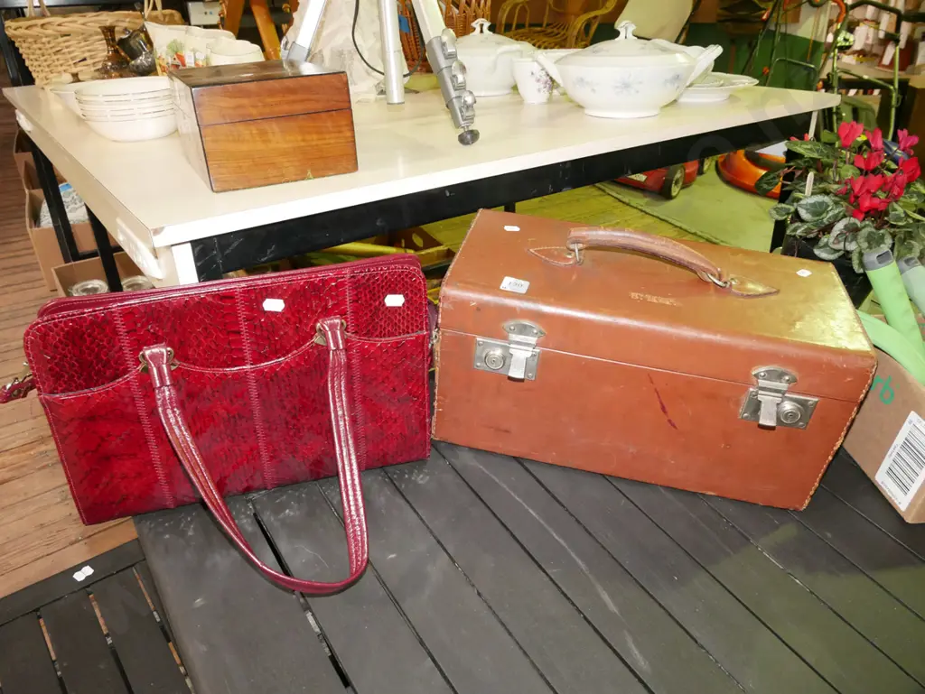brown leather make up case, red faux alligator skin hand bag Image 1++