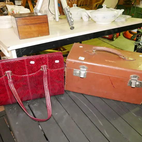 brown leather make up case, red faux alligator skin hand bag
