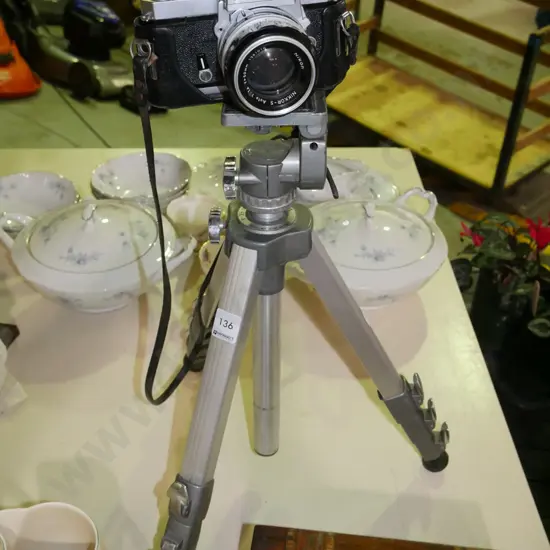 Nikkormat 35mm SLR film camera and tripod - faults, lens focus ring very stiff