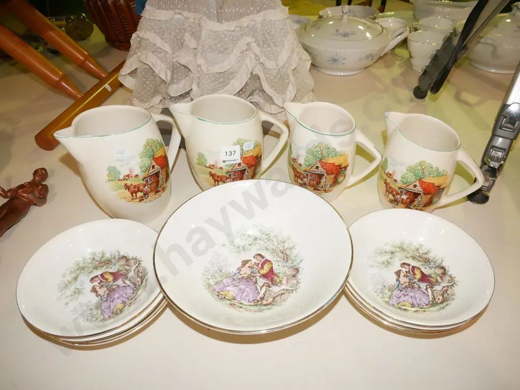 4x graduated Lord Nelson ware jugs, Crown Lynn romance scene sweet set Image 1++