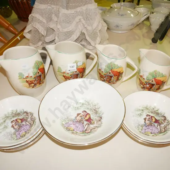 4x graduated Lord Nelson ware jugs, Crown Lynn romance scene sweet set