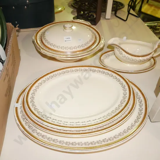 Johnson cream and gold ashets, veges, gravy boat