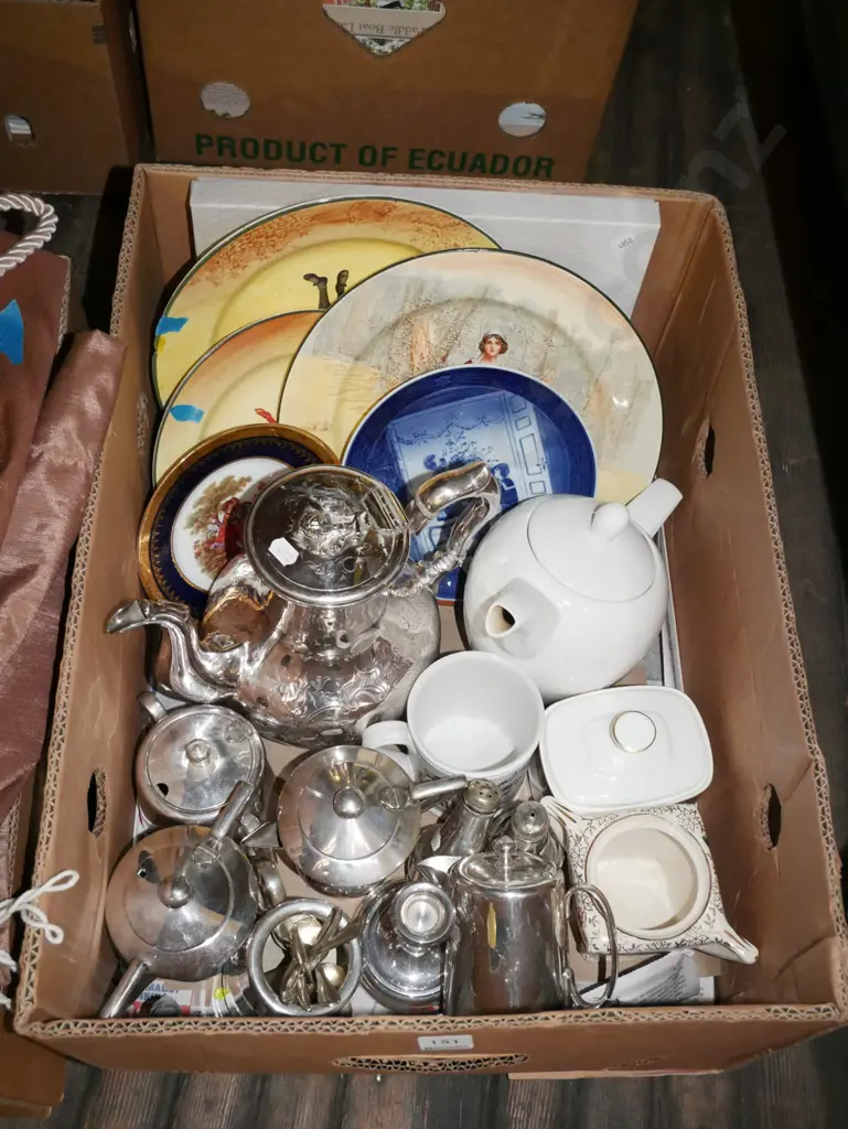 box; plated ware, Doulton plates etc Image 1++