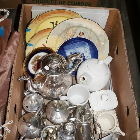 box; plated ware, Doulton plates etc