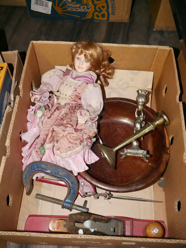 box; wooden bowl, candlesticks, dolls, rusty hand plane etc Image 1++