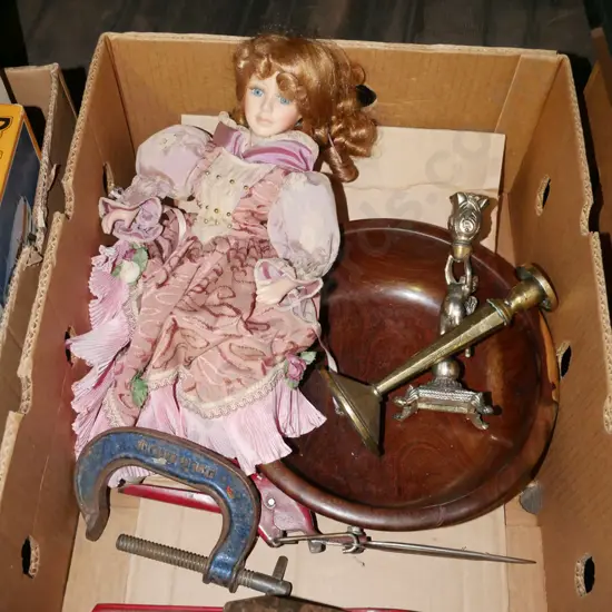 box; wooden bowl, candlesticks, dolls, rusty hand plane etc