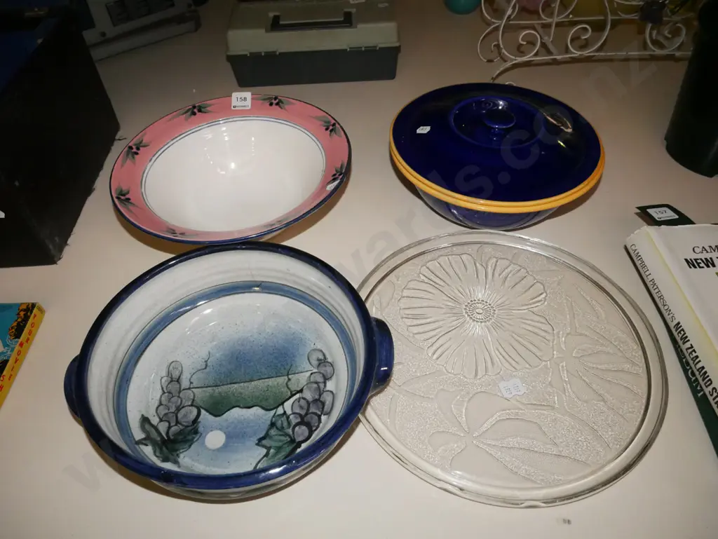 2x studio pottery bowls, Temuka casserole, floral glass plate Image 1++