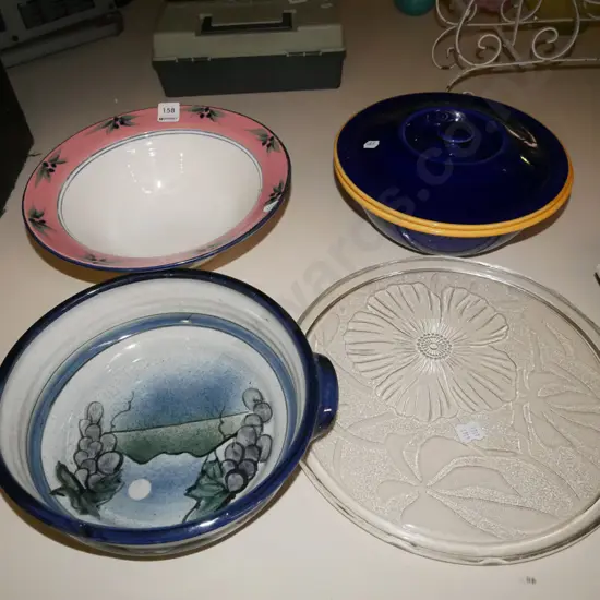 2x studio pottery bowls, Temuka casserole, floral glass plate