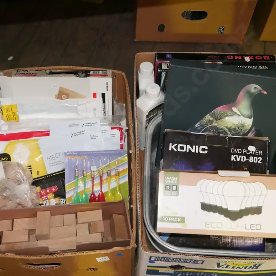 2x boxes; light bulbs, DVD player, wooden blocks etc