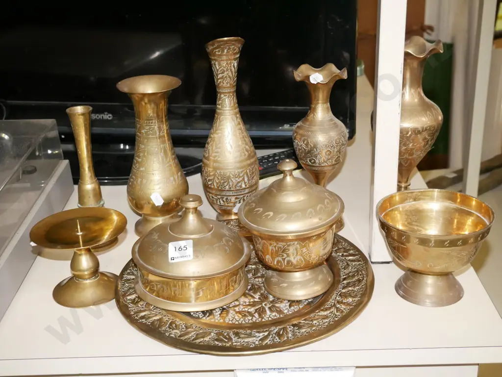 assorted brass ware; vases, footed bowls, plate etc Tallest vase H-250 Image 1++