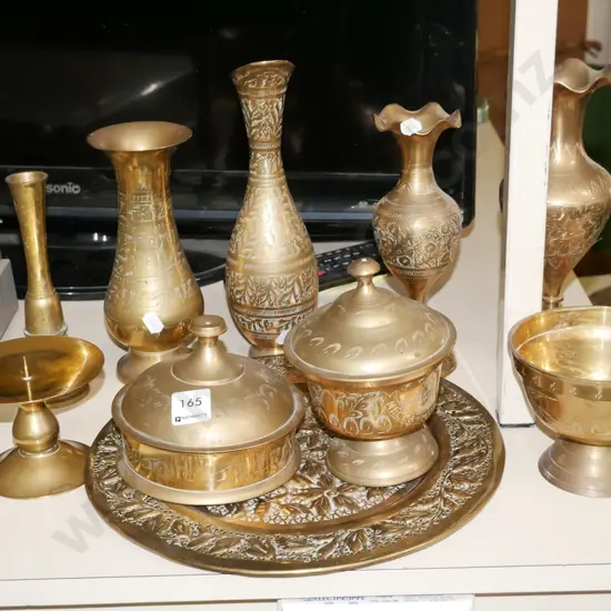 assorted brass ware; vases, footed bowls, plate etc Tallest vase H-250