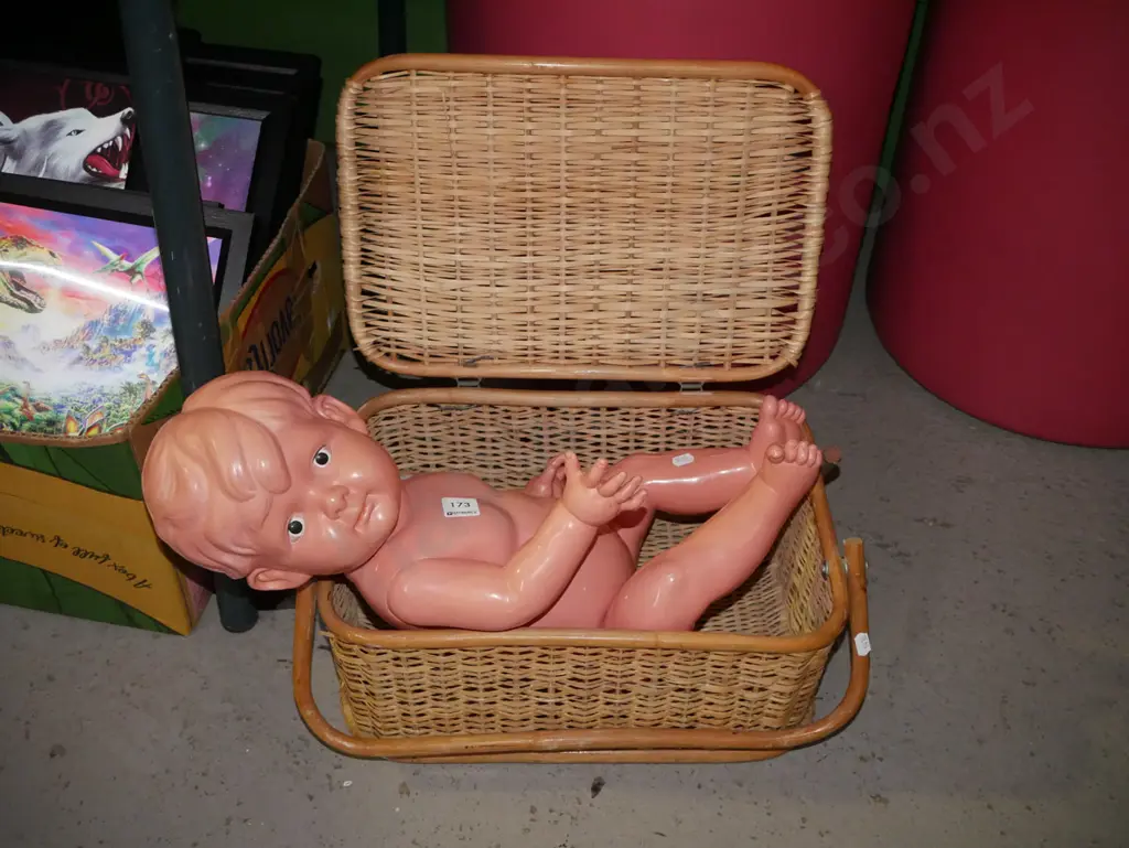small cane picnic hamper and vintage doll Image 1++