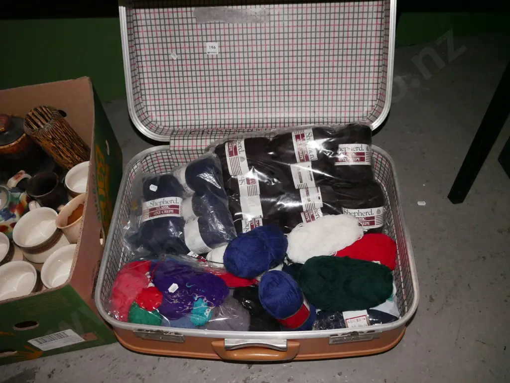 retro mustard suitcase of knittting yarn Image 1++