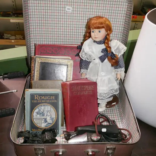 retro suitcase, books, iron, doll etc