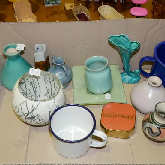 box; enamel cup, glass bowls, bud vases etc