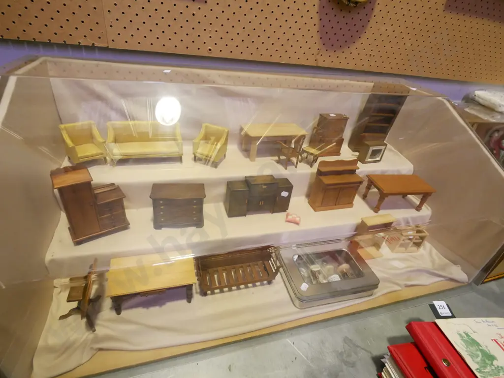 2x perspex cabinets filled with dolls house furniture, dolls, plastic tub of unfinished and damaged furniture Image 1++