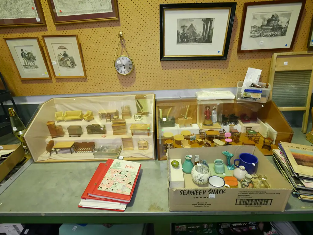 2x perspex cabinets filled with dolls house furniture, dolls, plastic tub of unfinished and damaged furniture Image 1++